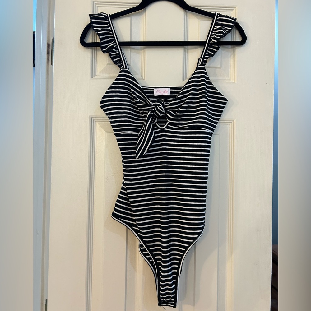 NWOT Pink Lily Actions Speak Black Striped Tie
Front Ribbed Tank Bodysuit